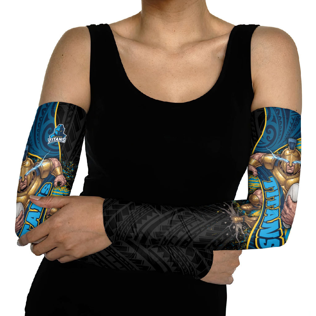 Gold Coast Titans Rugby Arm Sleeves Tribal Polynesian Power Art - Lightning Mascot