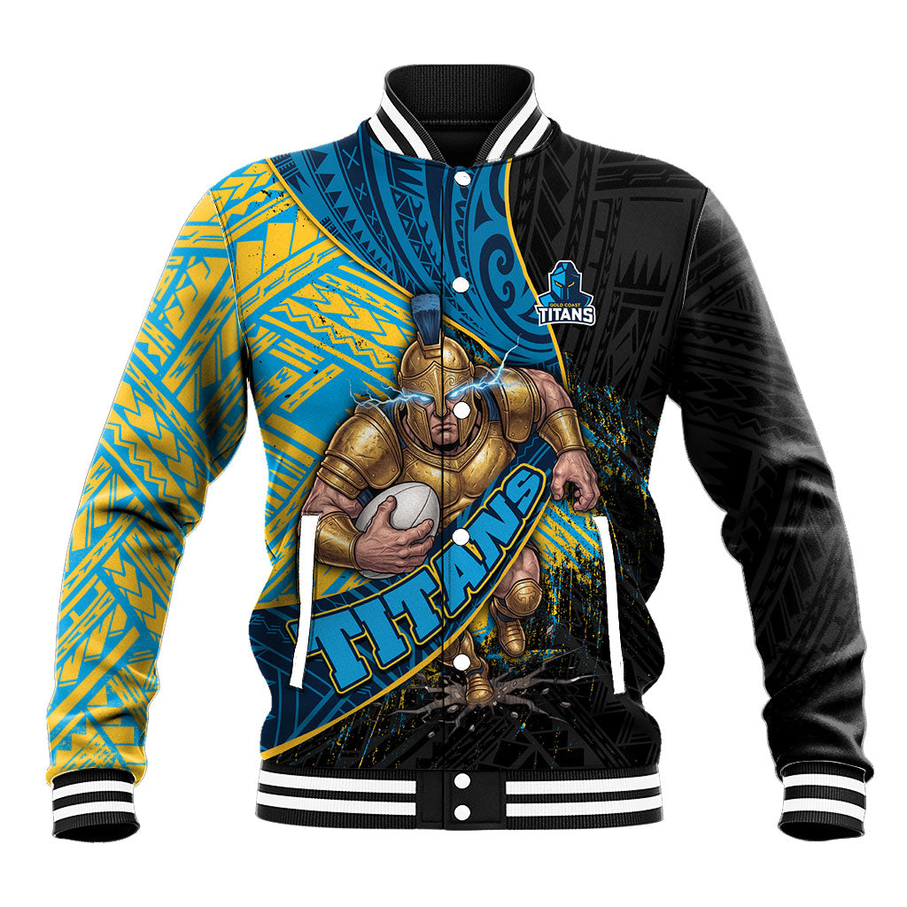 Gold Coast Titans Rugby Baseball Jacket Tribal Polynesian Power Art - Lightning Mascot