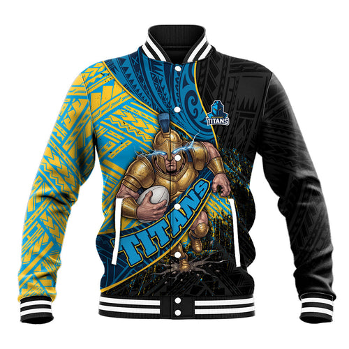 Gold Coast Titans Rugby Baseball Jacket Tribal Polynesian Power Art - Lightning Mascot