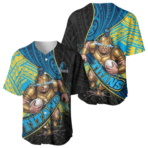 Gold Coast Titans Rugby Baseball Jersey Tribal Polynesian Power Art - Lightning Mascot