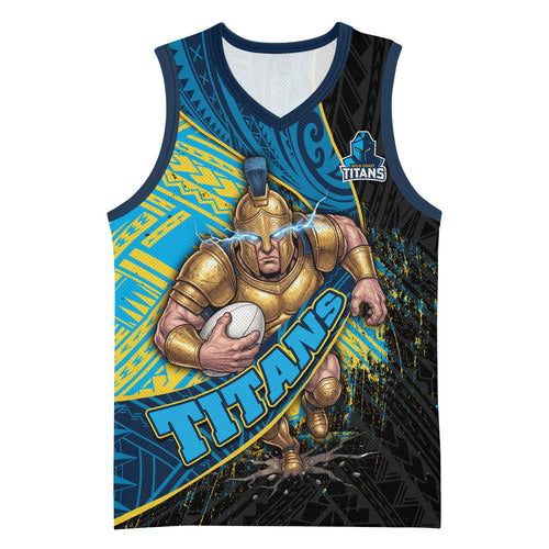 Gold Coast Titans Rugby Basketball Jersey Tribal Polynesian Power Art - Lightning Mascot