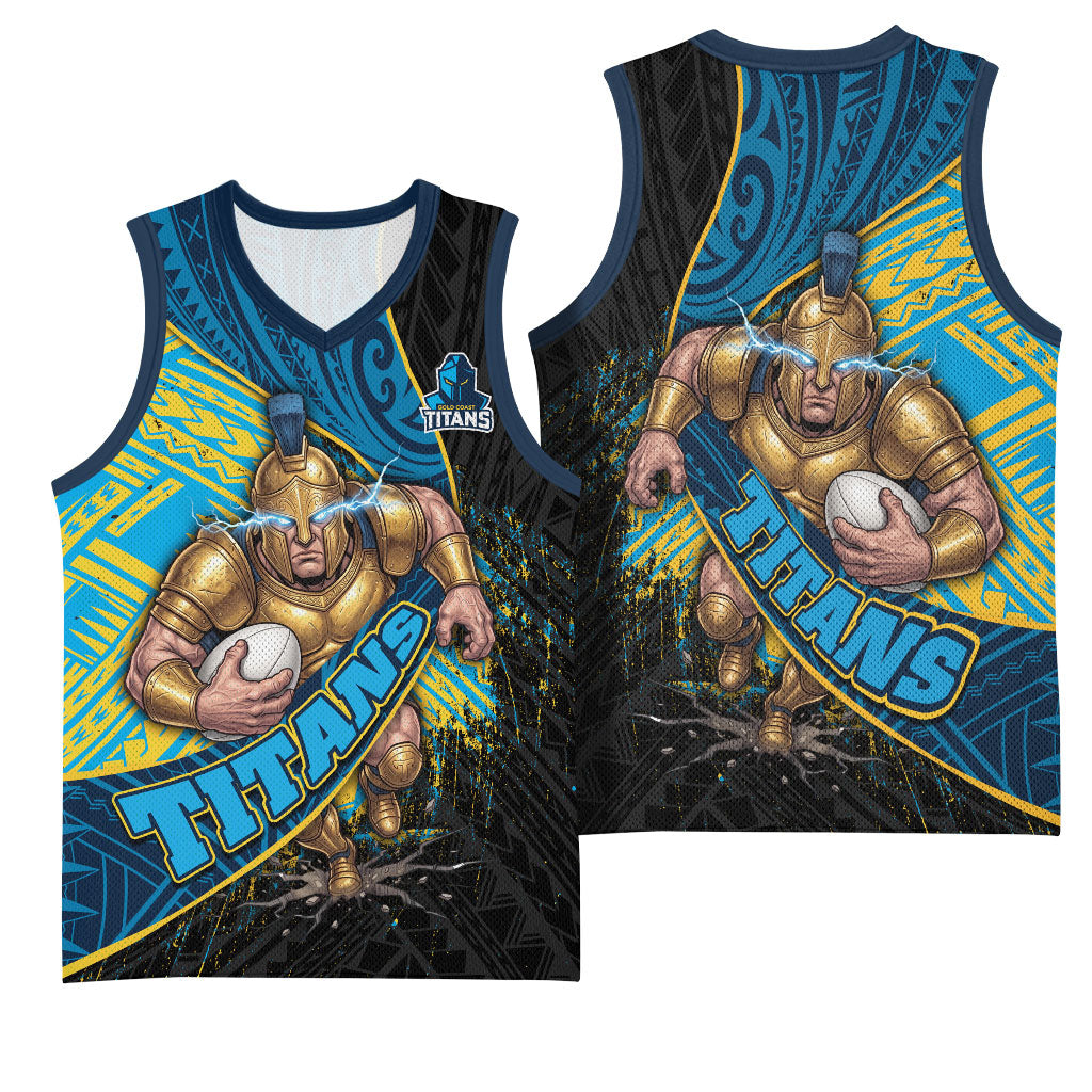Gold Coast Titans Rugby Basketball Jersey Tribal Polynesian Power Art - Lightning Mascot