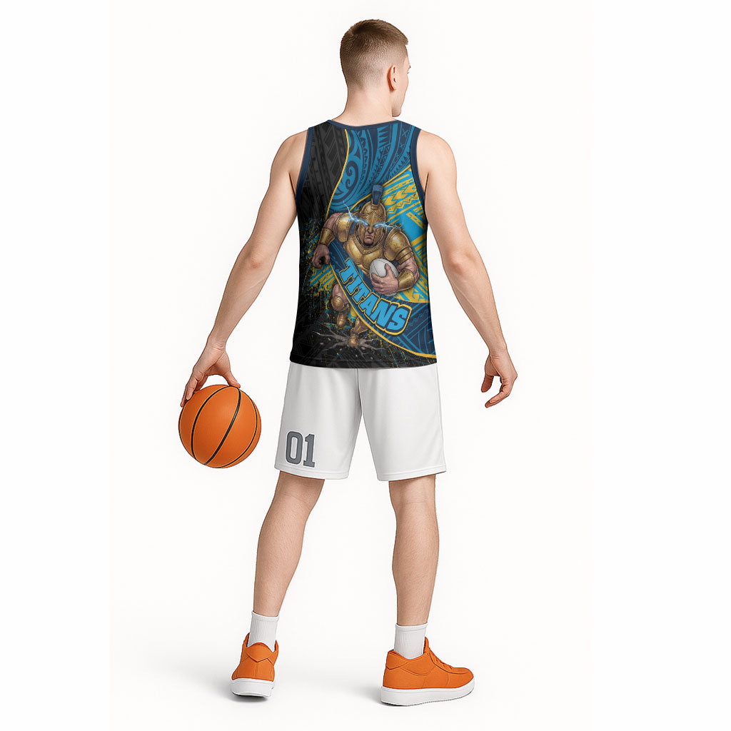 Gold Coast Titans Rugby Basketball Jersey Tribal Polynesian Power Art - Lightning Mascot