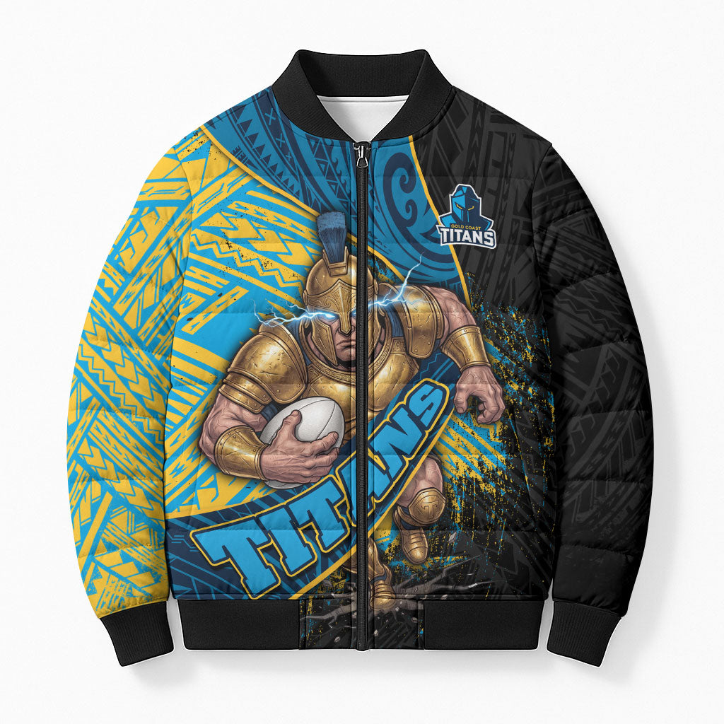Gold Coast Titans Rugby Bomber Puffer Jacket Tribal Polynesian Power Art - Lightning Mascot