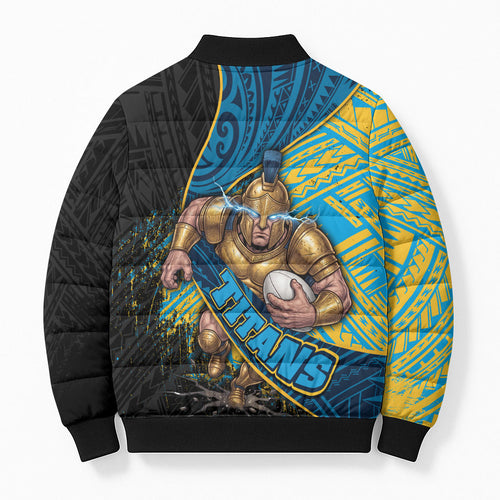 Gold Coast Titans Rugby Bomber Puffer Jacket Tribal Polynesian Power Art - Lightning Mascot