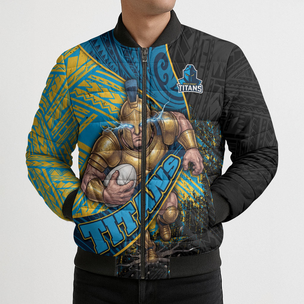 Gold Coast Titans Rugby Bomber Puffer Jacket Tribal Polynesian Power Art - Lightning Mascot
