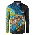 Gold Coast Titans Rugby Button Sweatshirt Tribal Polynesian Power Art - Lightning Mascot