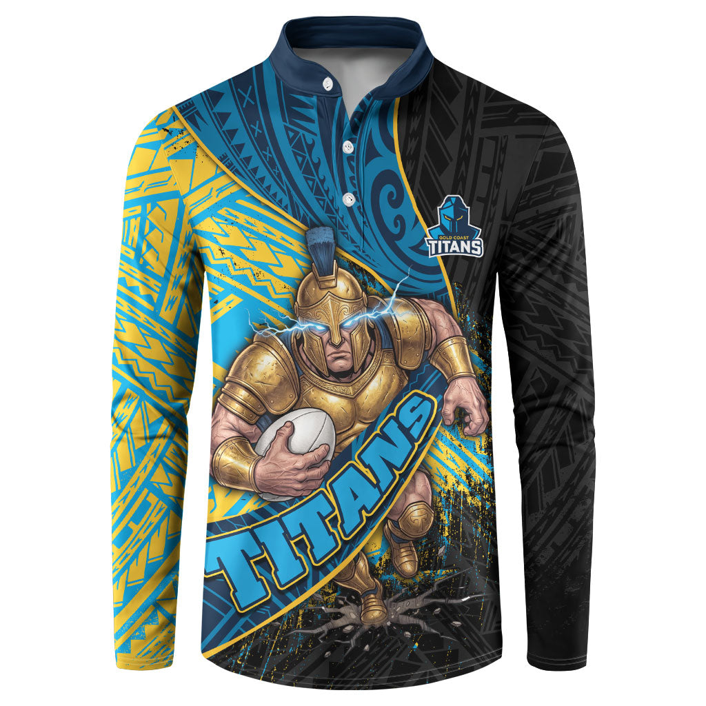 Gold Coast Titans Rugby Button Sweatshirt Tribal Polynesian Power Art - Lightning Mascot