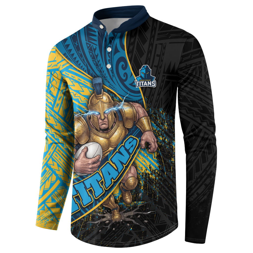Gold Coast Titans Rugby Button Sweatshirt Tribal Polynesian Power Art - Lightning Mascot