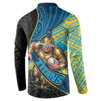 Gold Coast Titans Rugby Button Sweatshirt Tribal Polynesian Power Art - Lightning Mascot