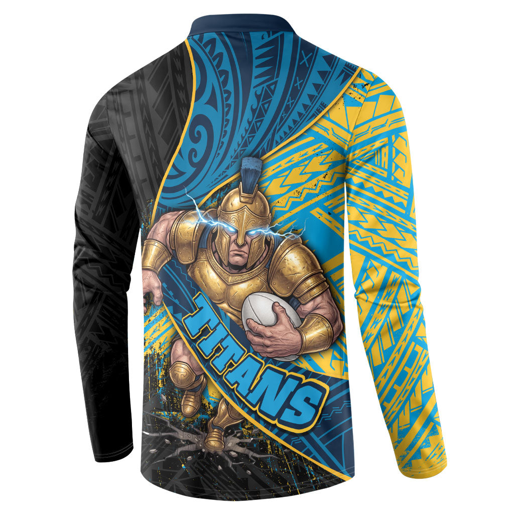 Gold Coast Titans Rugby Button Sweatshirt Tribal Polynesian Power Art - Lightning Mascot
