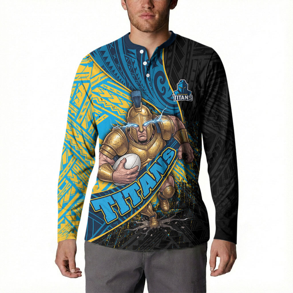 Gold Coast Titans Rugby Button Sweatshirt Tribal Polynesian Power Art - Lightning Mascot