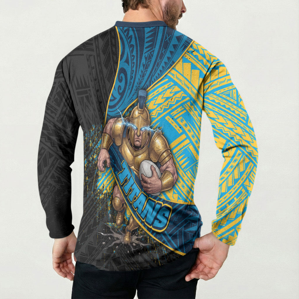 Gold Coast Titans Rugby Button Sweatshirt Tribal Polynesian Power Art - Lightning Mascot