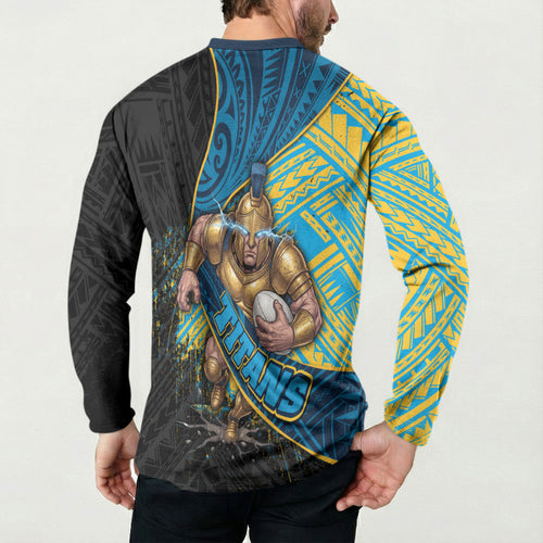 Gold Coast Titans Rugby Button Sweatshirt Tribal Polynesian Power Art - Lightning Mascot