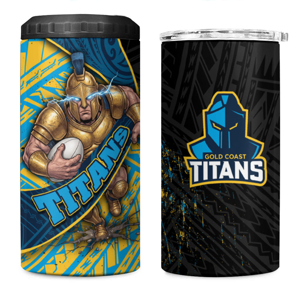 Gold Coast Titans Rugby 4 in 1 Can Cooler Tumbler Tribal Polynesian Power Art - Lightning Mascot