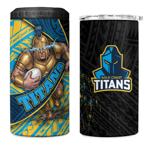 Gold Coast Titans Rugby 4 in 1 Can Cooler Tumbler Tribal Polynesian Power Art - Lightning Mascot