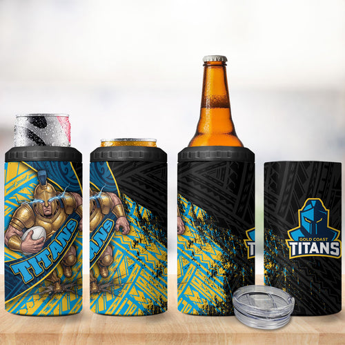 Gold Coast Titans Rugby 4 in 1 Can Cooler Tumbler Tribal Polynesian Power Art - Lightning Mascot