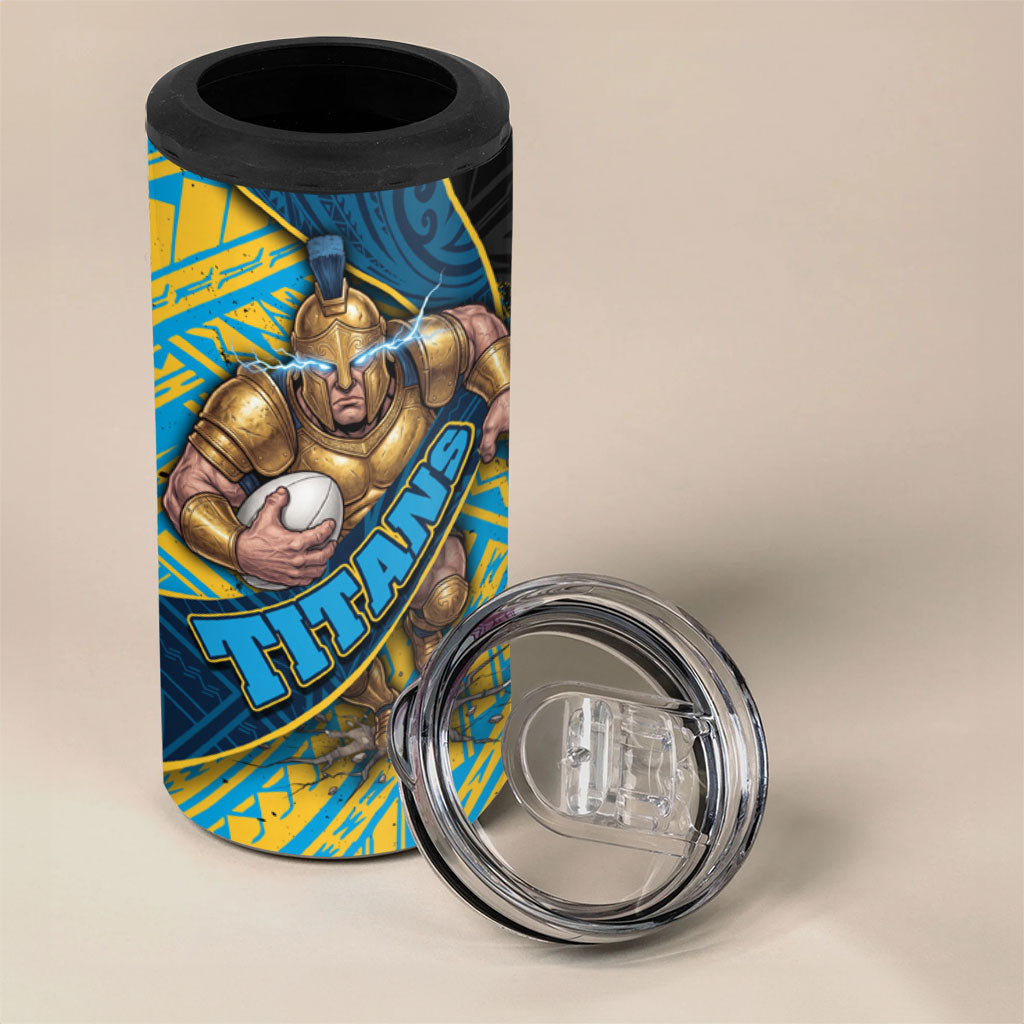 Gold Coast Titans Rugby 4 in 1 Can Cooler Tumbler Tribal Polynesian Power Art - Lightning Mascot