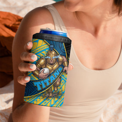 Gold Coast Titans Rugby 4 in 1 Can Cooler Tumbler Tribal Polynesian Power Art - Lightning Mascot