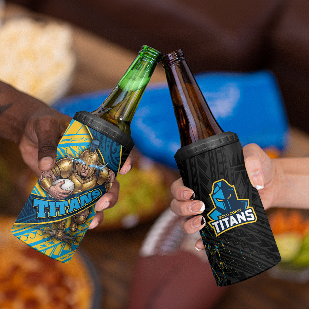 Gold Coast Titans Rugby 4 in 1 Can Cooler Tumbler Tribal Polynesian Power Art - Lightning Mascot