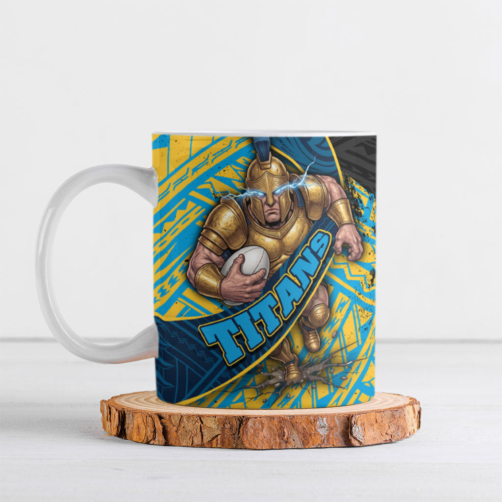 Gold Coast Titans Rugby Ceramic Mug Tribal Polynesian Power Art - Lightning Mascot