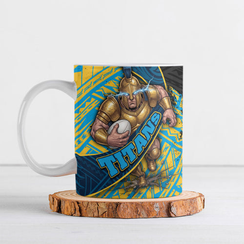 Gold Coast Titans Rugby Ceramic Mug Tribal Polynesian Power Art - Lightning Mascot