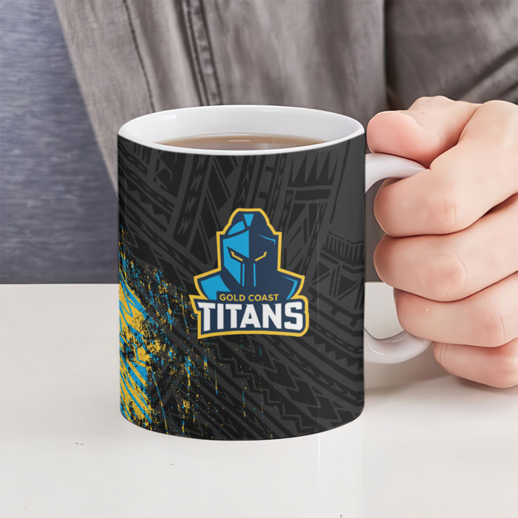 Gold Coast Titans Rugby Ceramic Mug Tribal Polynesian Power Art - Lightning Mascot