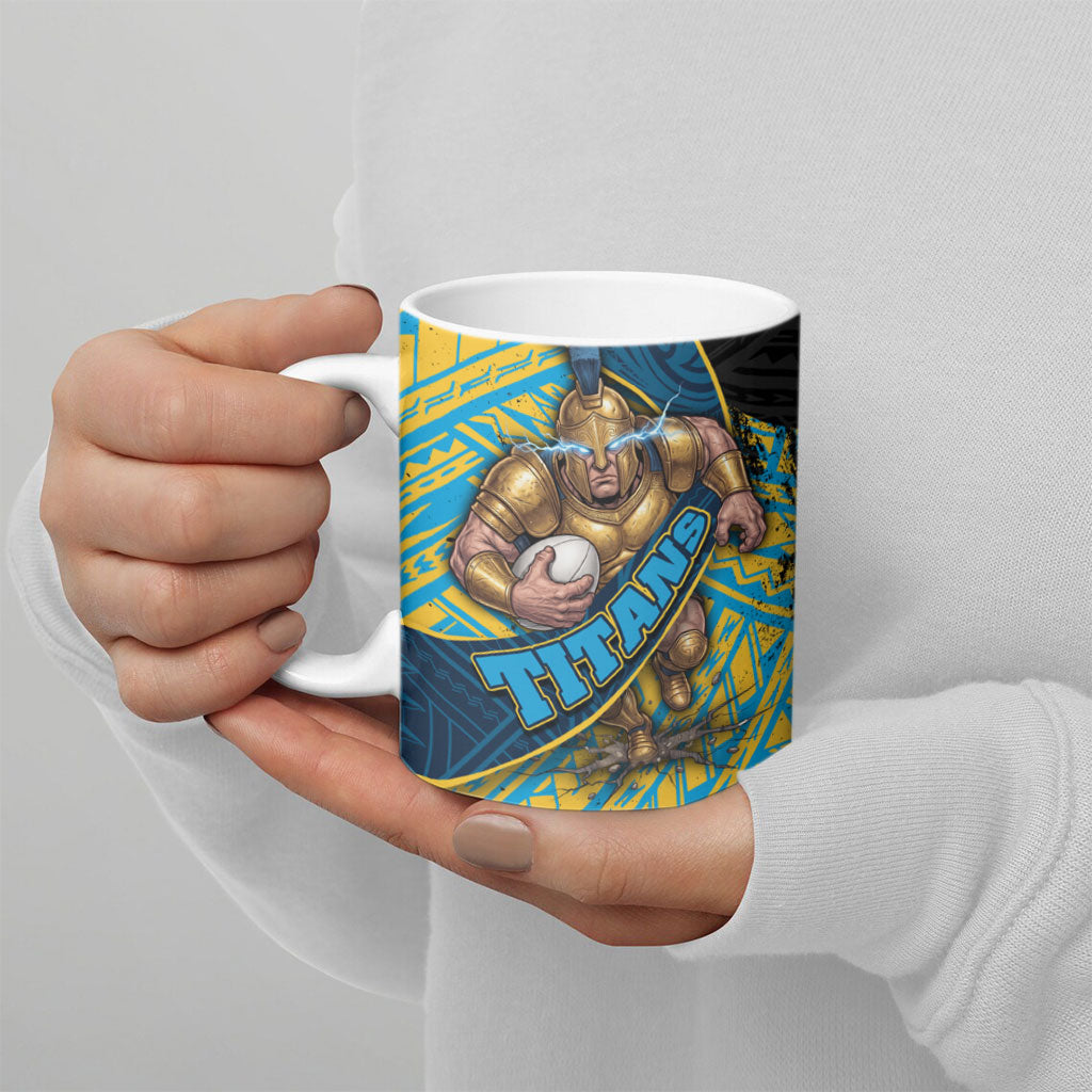 Gold Coast Titans Rugby Ceramic Mug Tribal Polynesian Power Art - Lightning Mascot