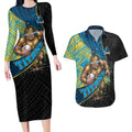 Gold Coast Titans Rugby Couples Matching Long Sleeve Bodycon Dress and Hawaiian Shirt Tribal Polynesian Power Art - Lightning Mascot