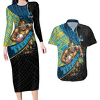 Gold Coast Titans Rugby Couples Matching Long Sleeve Bodycon Dress and Hawaiian Shirt Tribal Polynesian Power Art - Lightning Mascot