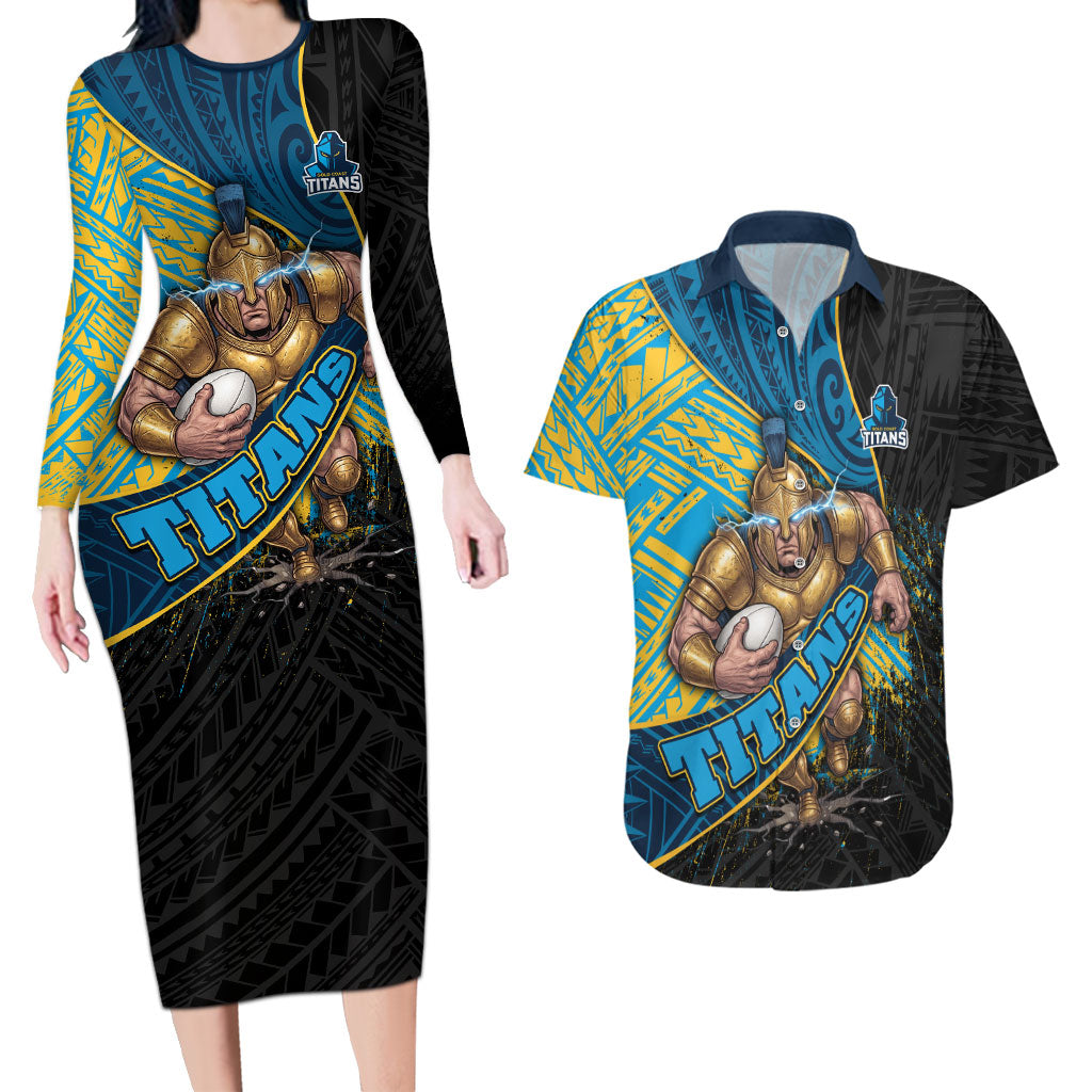 Gold Coast Titans Rugby Couples Matching Long Sleeve Bodycon Dress and Hawaiian Shirt Tribal Polynesian Power Art - Lightning Mascot