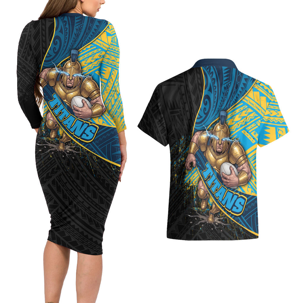 Gold Coast Titans Rugby Couples Matching Long Sleeve Bodycon Dress and Hawaiian Shirt Tribal Polynesian Power Art - Lightning Mascot