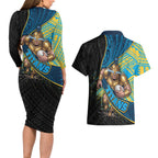 Gold Coast Titans Rugby Couples Matching Long Sleeve Bodycon Dress and Hawaiian Shirt Tribal Polynesian Power Art - Lightning Mascot