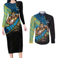 Gold Coast Titans Rugby Couples Matching Long Sleeve Bodycon Dress and Long Sleeve Button Shirt Tribal Polynesian Power Art - Lightning Mascot