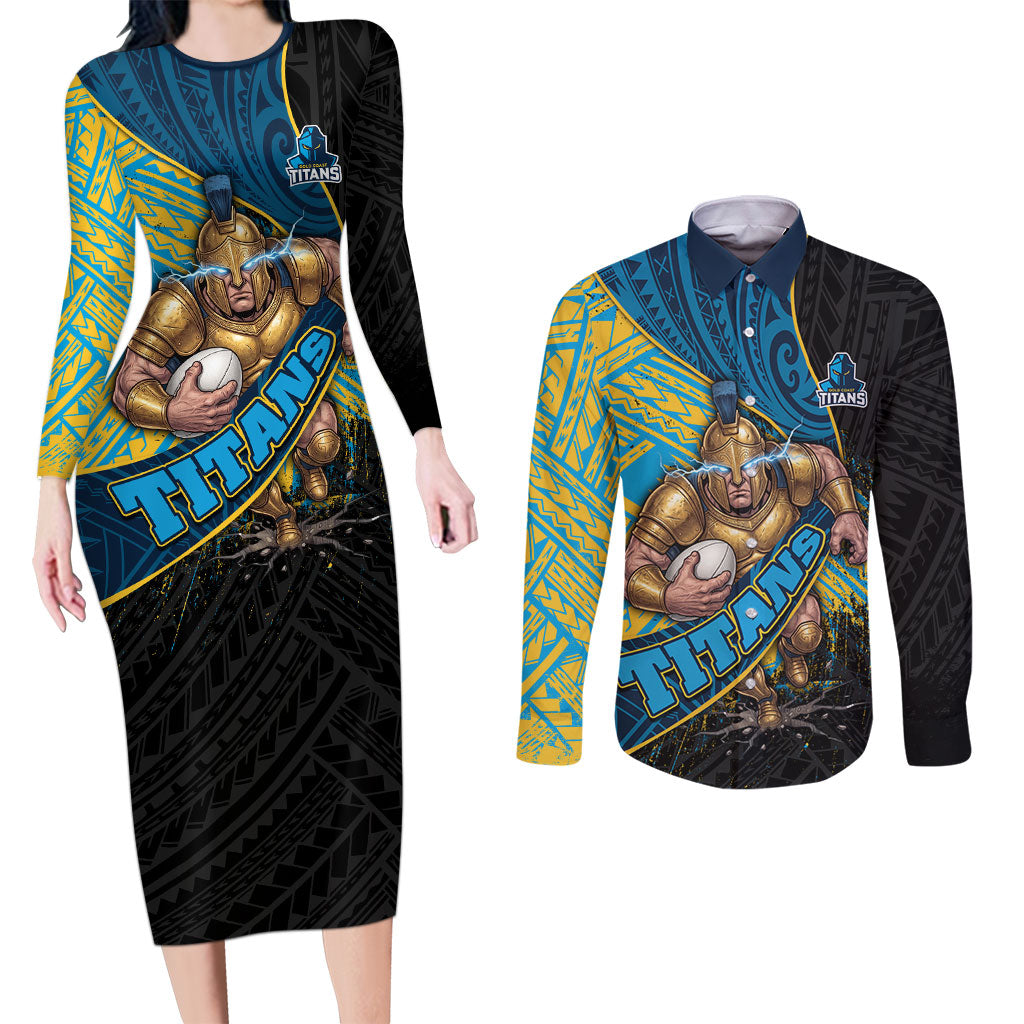 Gold Coast Titans Rugby Couples Matching Long Sleeve Bodycon Dress and Long Sleeve Button Shirt Tribal Polynesian Power Art - Lightning Mascot