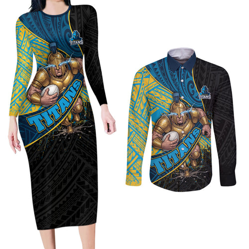 Gold Coast Titans Rugby Couples Matching Long Sleeve Bodycon Dress and Long Sleeve Button Shirt Tribal Polynesian Power Art - Lightning Mascot