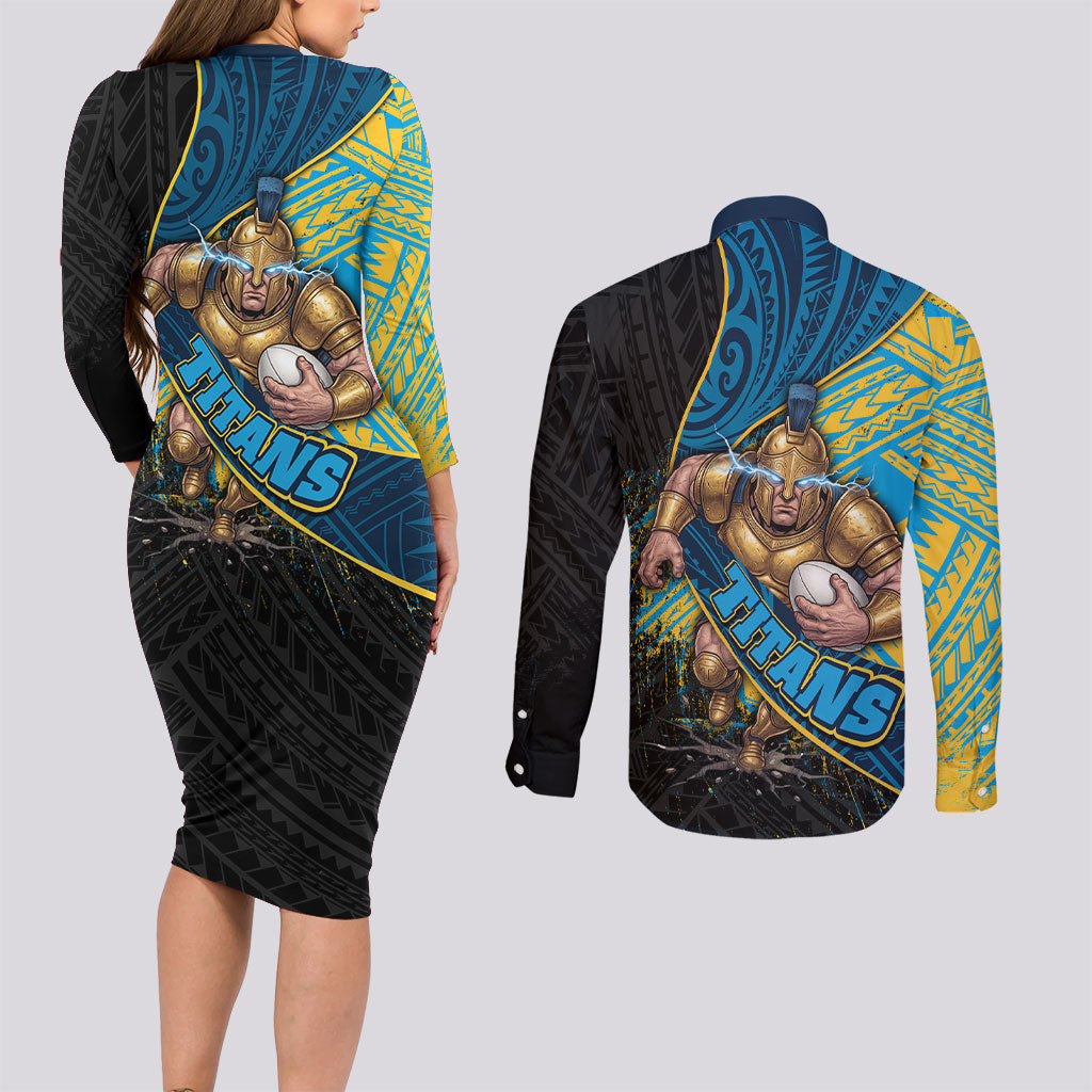 Gold Coast Titans Rugby Couples Matching Long Sleeve Bodycon Dress and Long Sleeve Button Shirt Tribal Polynesian Power Art - Lightning Mascot