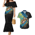 Gold Coast Titans Rugby Couples Matching Mermaid Dress and Hawaiian Shirt Tribal Polynesian Power Art - Lightning Mascot