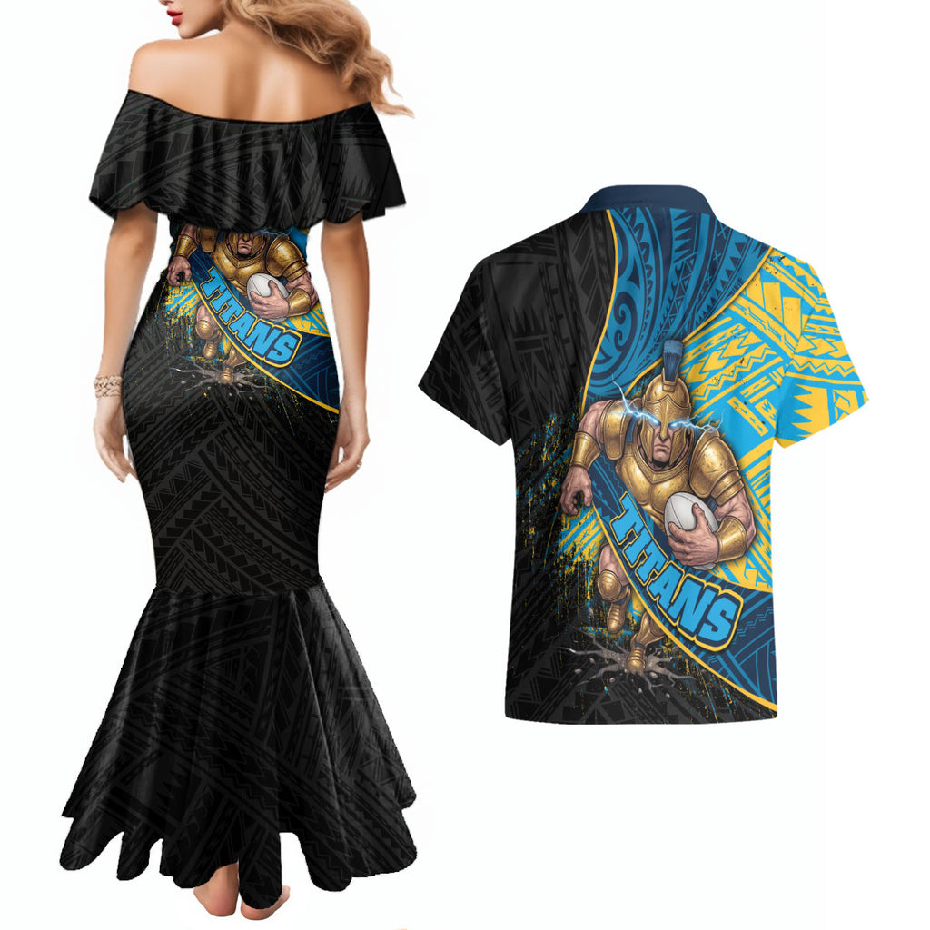 Gold Coast Titans Rugby Couples Matching Mermaid Dress and Hawaiian Shirt Tribal Polynesian Power Art - Lightning Mascot