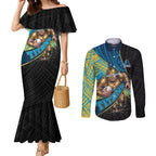Gold Coast Titans Rugby Couples Matching Mermaid Dress and Long Sleeve Button Shirt Tribal Polynesian Power Art - Lightning Mascot