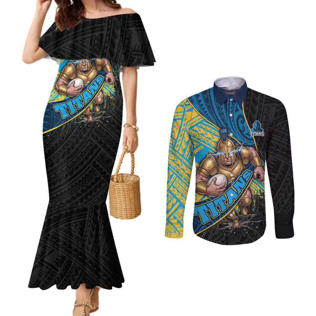 Gold Coast Titans Rugby Couples Matching Mermaid Dress and Long Sleeve Button Shirt Tribal Polynesian Power Art - Lightning Mascot