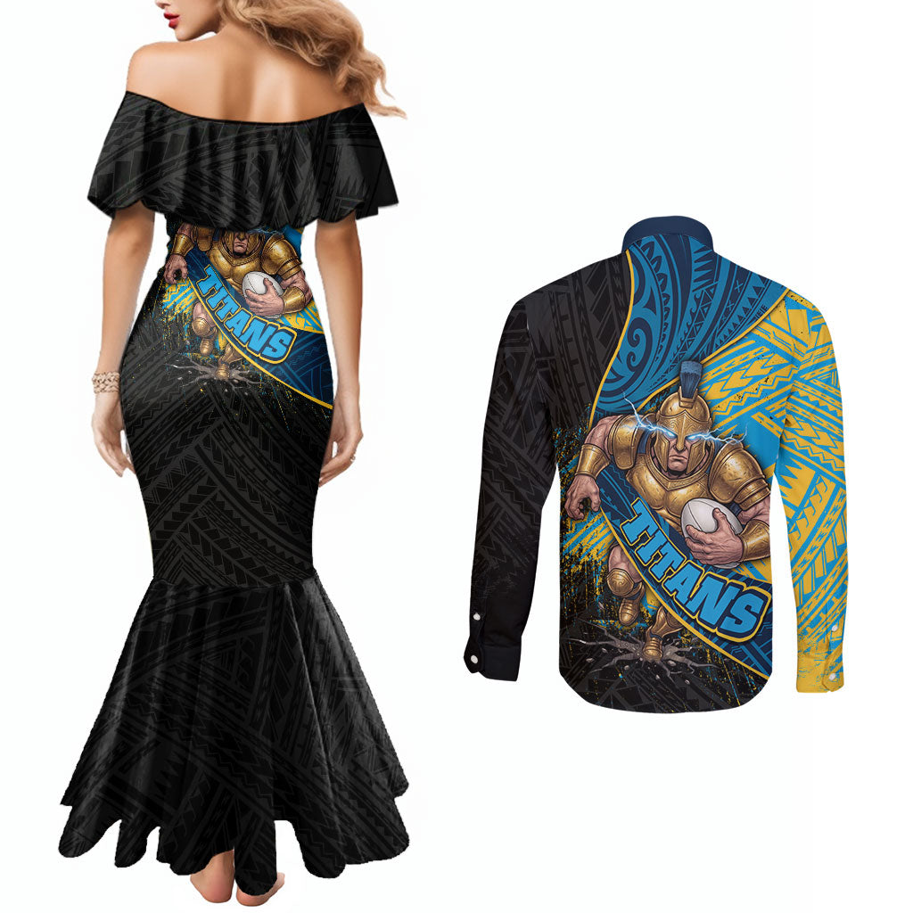Gold Coast Titans Rugby Couples Matching Mermaid Dress and Long Sleeve Button Shirt Tribal Polynesian Power Art - Lightning Mascot