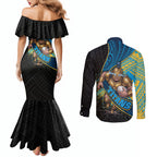 Gold Coast Titans Rugby Couples Matching Mermaid Dress and Long Sleeve Button Shirt Tribal Polynesian Power Art - Lightning Mascot