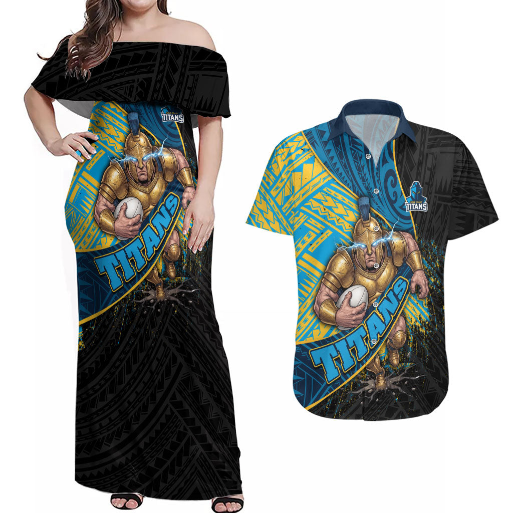 Gold Coast Titans Rugby Couples Matching Off Shoulder Maxi Dress and Hawaiian Shirt Tribal Polynesian Power Art - Lightning Mascot