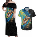 Gold Coast Titans Rugby Couples Matching Off Shoulder Maxi Dress and Hawaiian Shirt Tribal Polynesian Power Art - Lightning Mascot