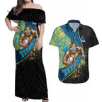 Gold Coast Titans Rugby Couples Matching Off Shoulder Maxi Dress and Hawaiian Shirt Tribal Polynesian Power Art - Lightning Mascot