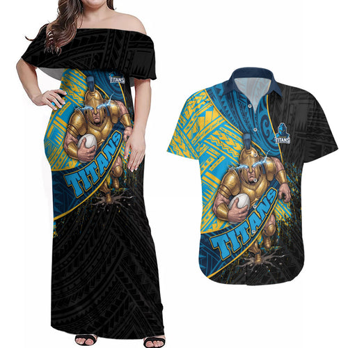 Gold Coast Titans Rugby Couples Matching Off Shoulder Maxi Dress and Hawaiian Shirt Tribal Polynesian Power Art - Lightning Mascot