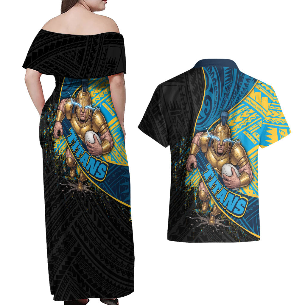 Gold Coast Titans Rugby Couples Matching Off Shoulder Maxi Dress and Hawaiian Shirt Tribal Polynesian Power Art - Lightning Mascot