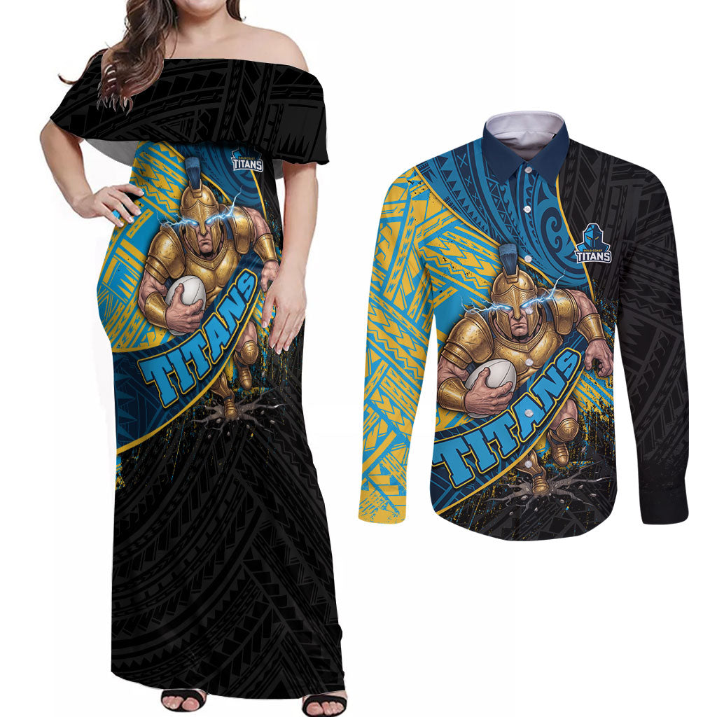 Gold Coast Titans Rugby Couples Matching Off Shoulder Maxi Dress and Long Sleeve Button Shirt Tribal Polynesian Power Art - Lightning Mascot