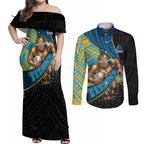 Gold Coast Titans Rugby Couples Matching Off Shoulder Maxi Dress and Long Sleeve Button Shirt Tribal Polynesian Power Art - Lightning Mascot